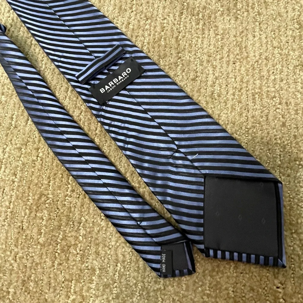 Barabaro Silk‎ Striped Hand Made Necktie Blue Black Men Formal